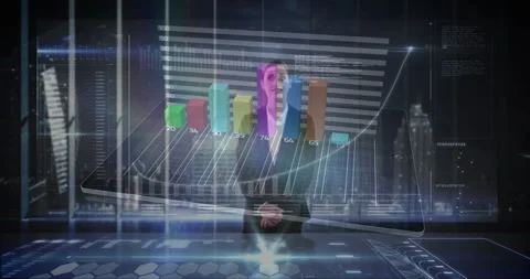 Interacting with 3D animation, businessman analyzing futuristic digital Stock Footage 305292921