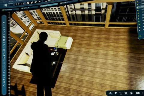Interacting with 3D building, digital wall and architectural designer Stock Photos