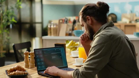 Interacting with AI chatbot, interface on laptop, generative AI Video stock 330441673