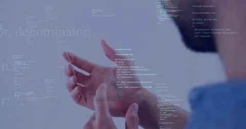 Interacting developer hands manipulating code overlay in studio workspace, Stock Photos