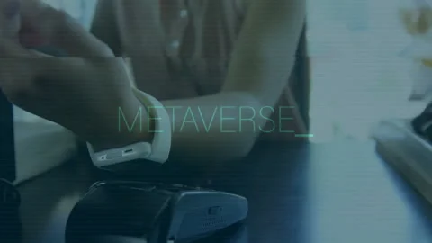 Interacting with device, person exploring animation in metaverse school Stock Footage 304011769