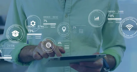 Interacting with digital data analytics, person using tablet screen for Stock Footage 304840699
