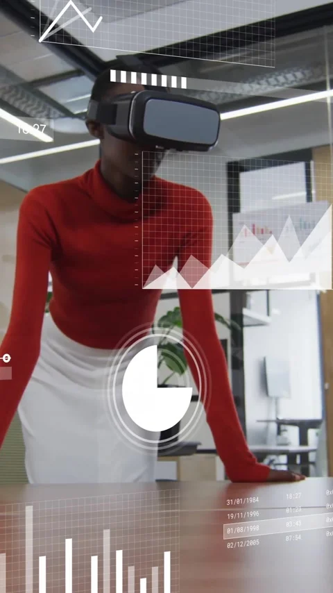 Interacting with digital data visualizations, person wearing VR headset in Stock Footage 344285259
