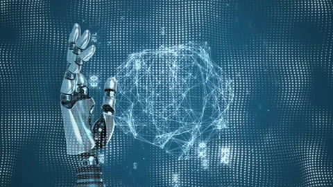 Interacting with digital globe, robotic hand showcasing futuristic technology Stock Footage 313140832