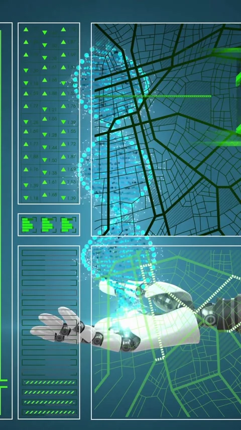 Interacting with digital map, robotic arm creating animation with data in school Stock Footage 320160959