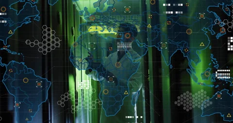 Interacting with digital world map, person using technology for data processing Stock Footage 303528270