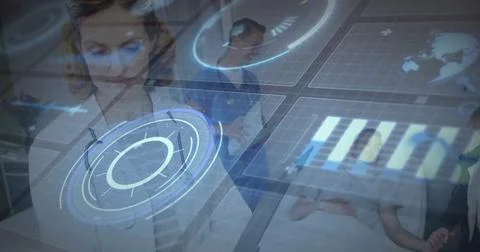 Interacting doctor in lab coat analyzing holographic data in hospital ward, with Stock Photos