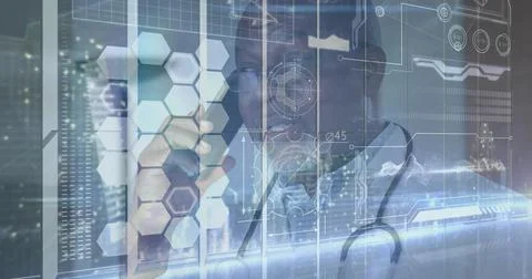 Interacting doctor touching hexagonal HUD tiles in medical lab, in white lab Stock Photos