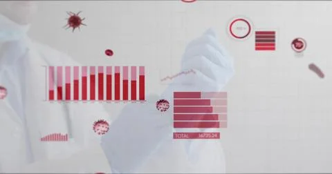 Interacting doctor using data HUD in lab, with lab coat mask glove and numeric Stock Photos