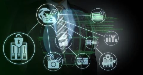 Interacting executive navigating holographic network interface in code, with Stock Photos