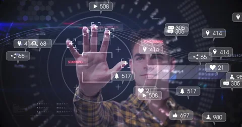 Interacting with futuristic digital interface, man viewing social media Stock Footage 303608767