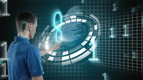 Interacting with futuristic digital interface, man surrounded by binary code Stock Footage 311036476