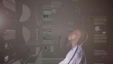 Interacting with futuristic interface, person over data visualization animation Stock Footage 305021275