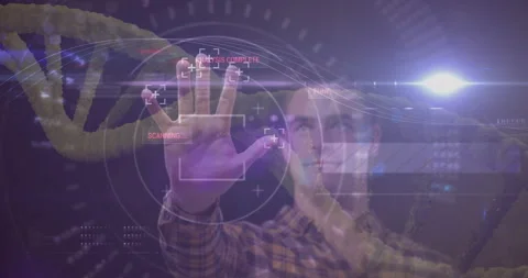 Interacting with futuristic touchscreen, man analyzing data with animation 動画素材 303941715