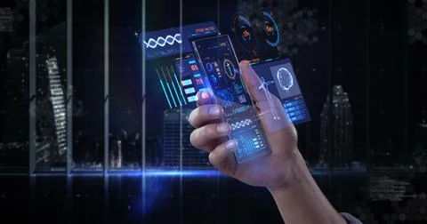 Interacting with holographic interface, hand displaying digital data and graphs Stock Photos