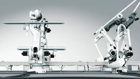Interacting Industrial Robots Stock Photos