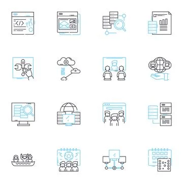 Interacting linear icons set. Communicating, Engaging, Collaborating, Relating Stock Illustration