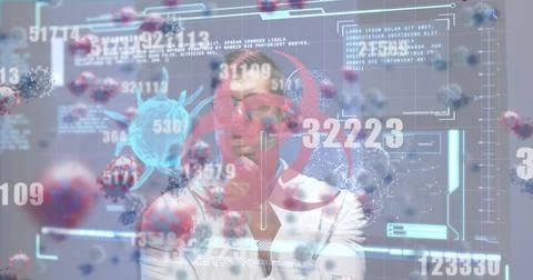 Interacting male scientist exploring floating 3D virus models in lab, with Stock Photos