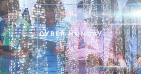 Interacting six children exploring tablets, smartphones in tech studio with 库存照片