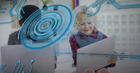 Interacting students in collared and red plaid using laptop and tablet with blue Stock Photos