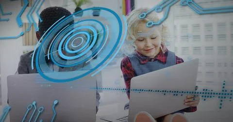 Interacting students in collared and red plaid using laptop and tablet with blue Stock Photos