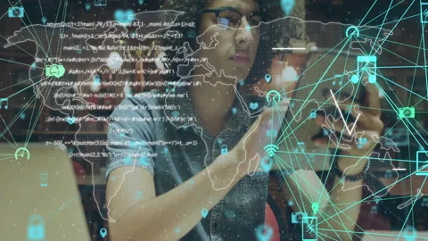 Interacting with touchscreen, person processing data over global network 動画素材 303949957