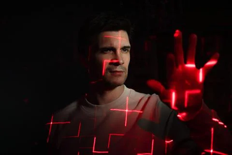 Interaction with augmented reality virtual interface. projections red patterns Stock Photos