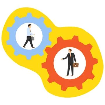 Interaction between people. Two businessmen inside gears interacting. Vector Stock Illustration