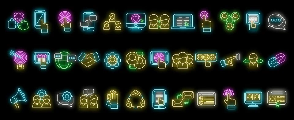 Interaction icons set vector neon Illustrazione stock