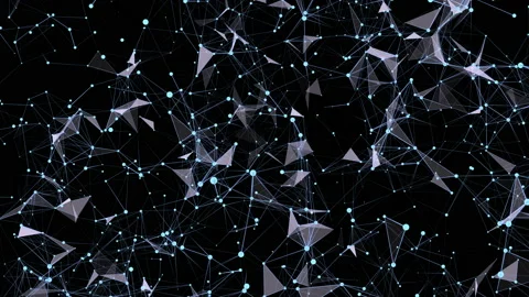 Interaction of particles.Abstract digital data nodes and connection paths within Stock Footage 94144685