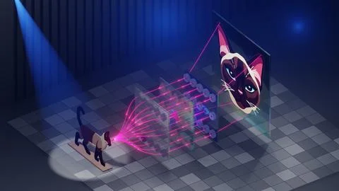 Interactive 3D Neural Network and Cat Illustration in Digital Technology Stock Illustration