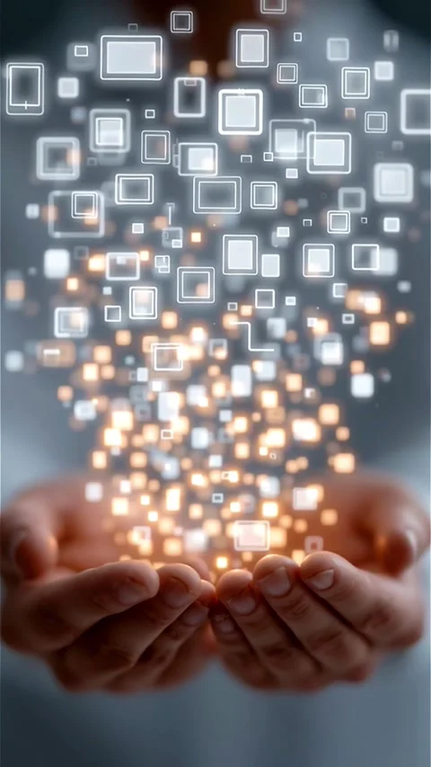 Interactive AI interface floating above hands in office setting with holographi Stock Footage 313247698