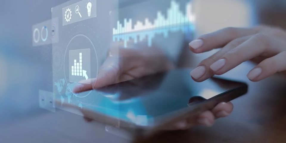 Interactive Business Analytics Dashboard Displayed on a Digital Tablet Interf Stock Photos