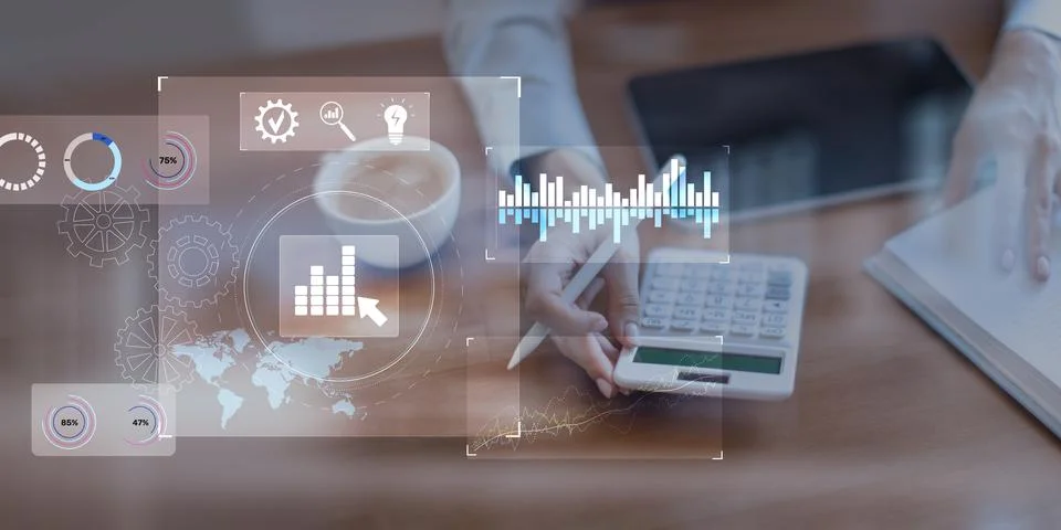 Interactive Business Analytics Dashboard Displayed on a Digital Tablet Interf Stock Photos