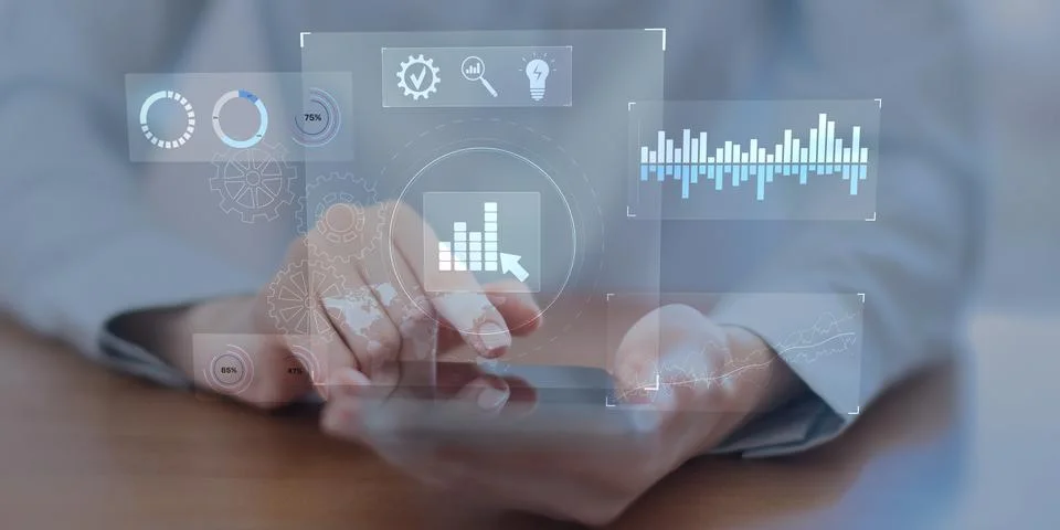 Interactive Business Analytics Dashboard Displayed on a Digital Tablet Interf Stock Photos