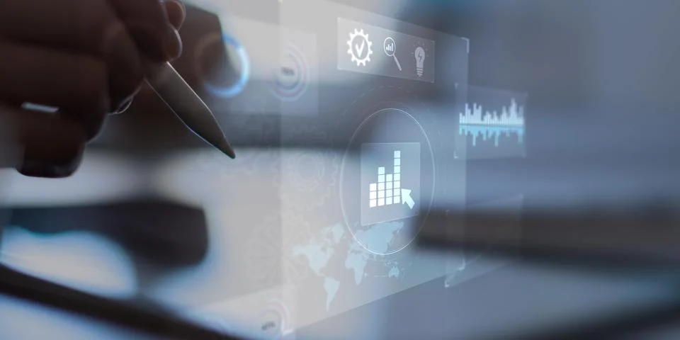 Interactive Business Analytics Dashboard Displayed on a Digital Tablet Interf Stock Photos