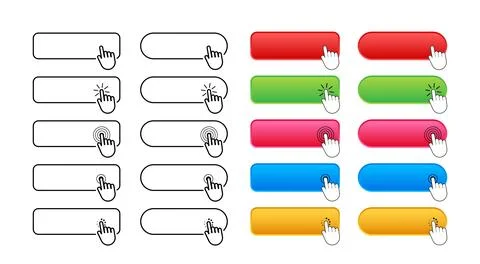 Interactive Buttons Set with Clicking Hand Icons - Web User Interface Elements Stock Illustration