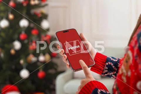 Interactive Christmas phone mockup with touch gesture PSD Template