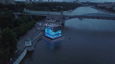 Interactive cube in Moscow for the 2022 World Cup Qatar. Aerial view Video stock 202019967