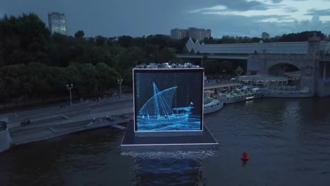 Interactive cube in Moscow for the 2022 World Cup Qatar. Aerial view Stock Footage 202019979