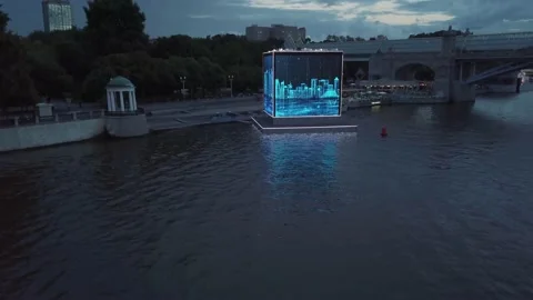 Interactive cube in Moscow for the 2022 World Cup Qatar. Aerial view Stock Footage 202019993