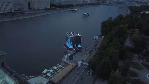 Interactive cube in Moscow for the 2022 World Cup Qatar. Aerial view Stock Footage 202020013