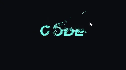 Interactive cyan particle text assembling into CODE word with mouse cursor .. Video stock 342723620