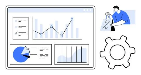 Interactive dashboard with various data visualizations, person carrying shopp Illustrazione stock