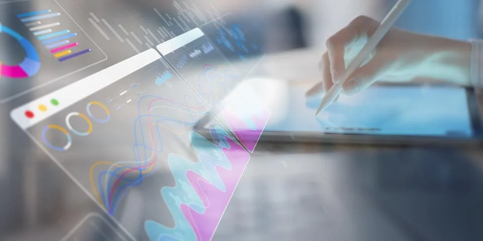 Interactive Data Analytics Dashboard with Business Charts Displayed on Digita 写真素材