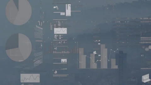 Interactive data dashboard displaying pie charts, stacked bar graphs  and  line Stock Footage 307439417