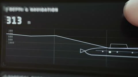 Interactive depth and navigation panel shows a submarine descending along Stock Photos