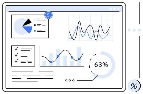 Interactive digital dashboard displaying pie chart, line graphs, bar charts,  Stock Illustration