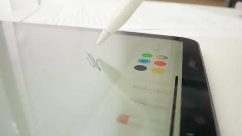 Interactive Digital Interface on a Transparent Screen with Stylus Pen Stock Photos