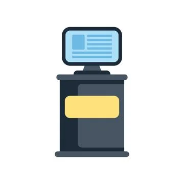 Interactive digital kiosk showing promotional information on display screen Illustrazione stock